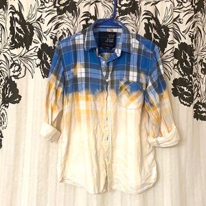Blue Crown trendy blue orange white plaid bleached button down shirt 100% Cotton